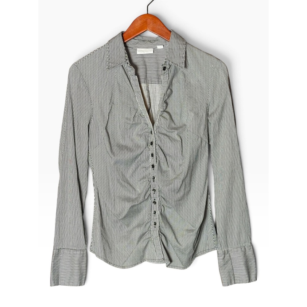 New York & Co Shirt Womens Large Black White Sripe Ruched Sretch Blouse